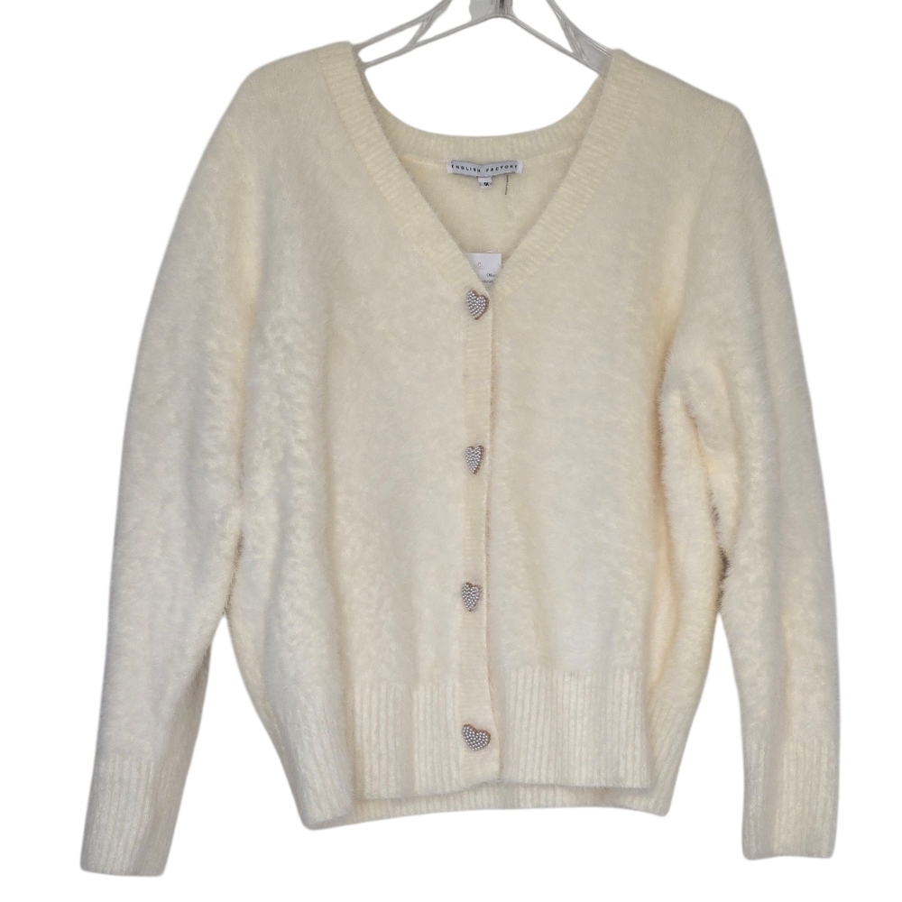 English Factory Fuzzy Button-Front Cardigan Sweater in Cream Ivory Size 1X New